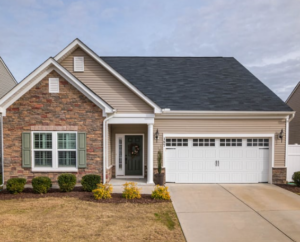 A house with a garage door