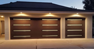 "Modern brown garage doors with glass panels."